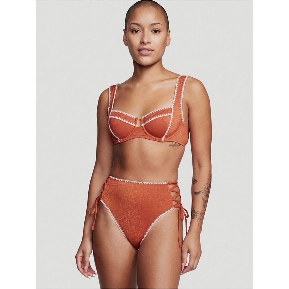 Victoria Secret Rust Orange High-Waist Lace-Up Bikini Set 38 B Top/Medium Bottom
